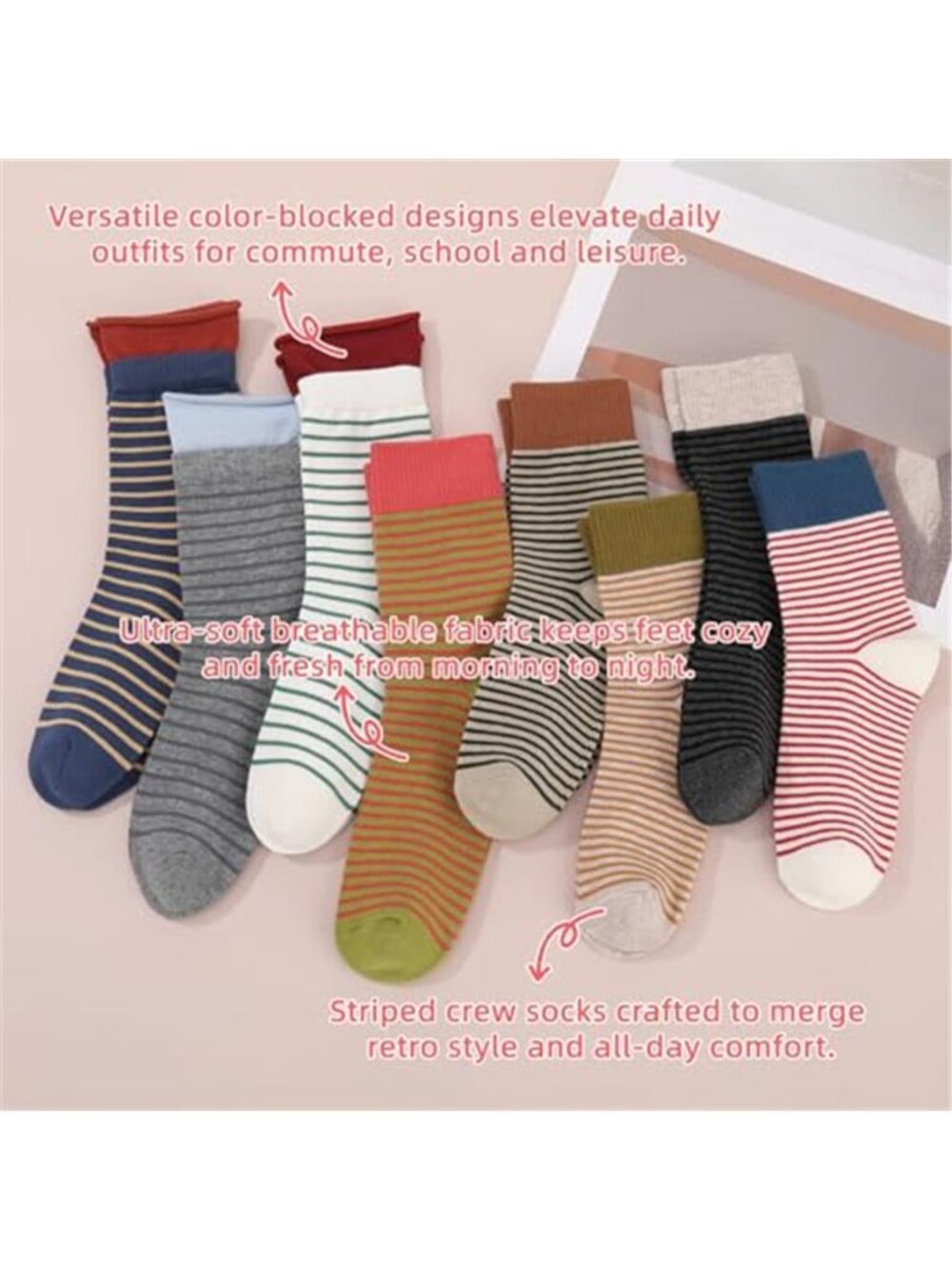 8 Pairs Retro Striped Socks for Women - Colorful Striped Crew Sock, Vintage - Picture 4 of 6